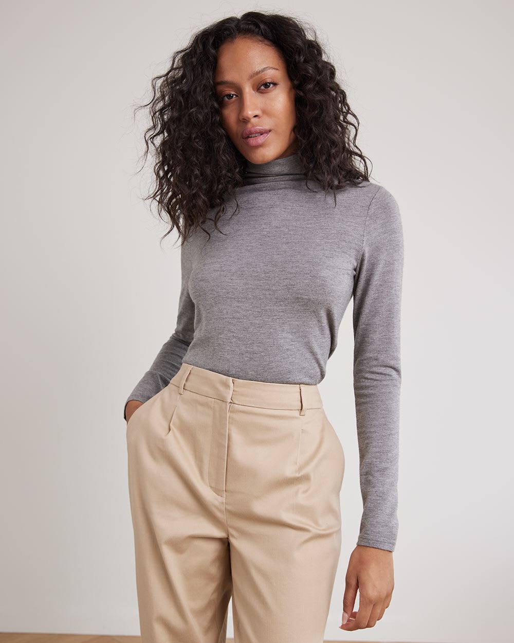 Long-Sleeve Mock-Neck Brushed Knit Tee