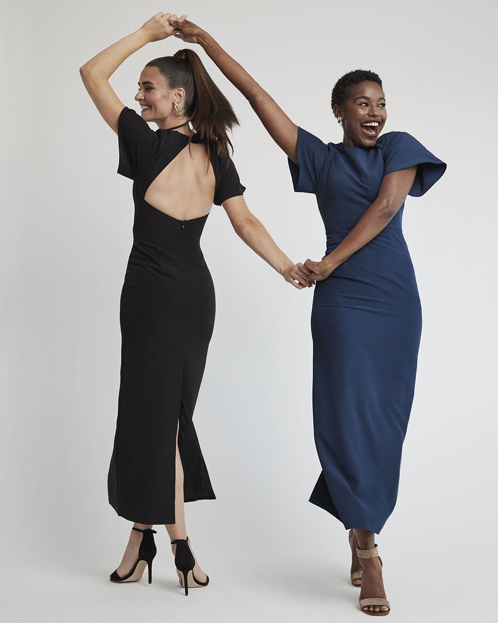 Short-Sleeve Maxi Cocktail Dress with Open Back