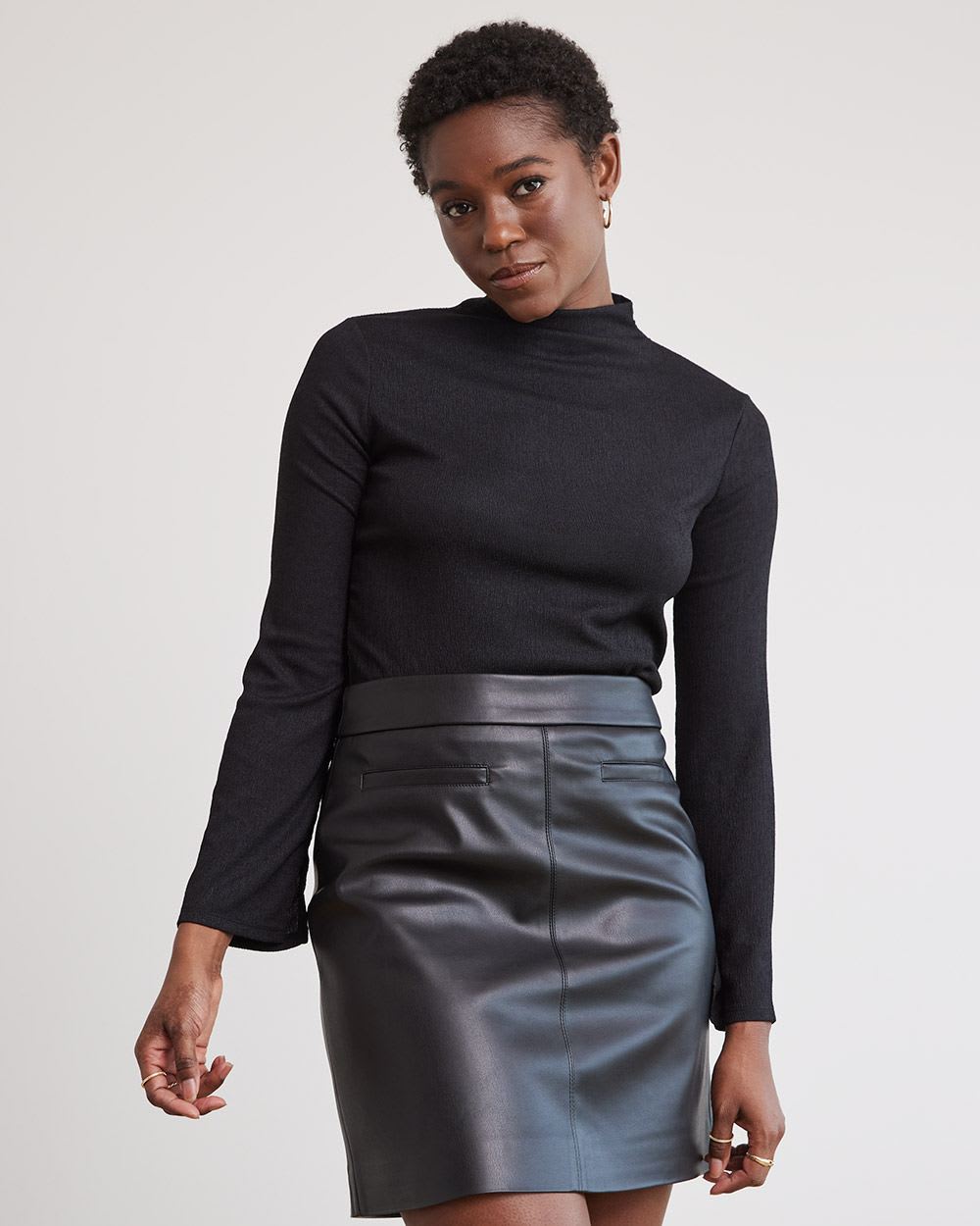 Long-Sleeve Crinkle Top with Funnel Neckline