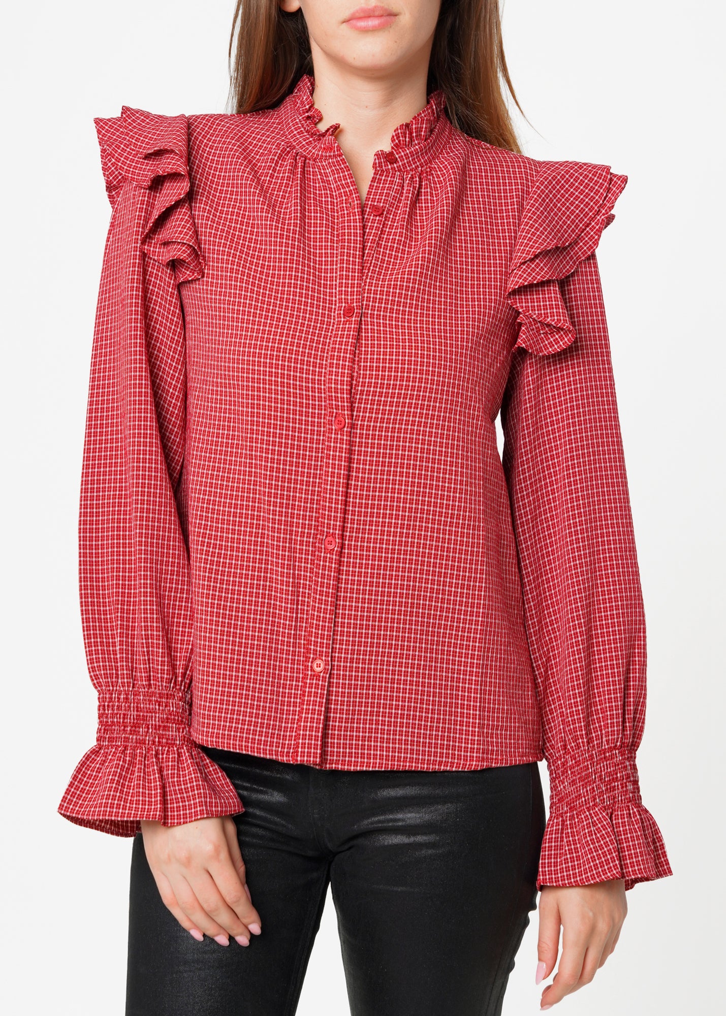 Nurode Ruffle Detailed Plaid Shirt