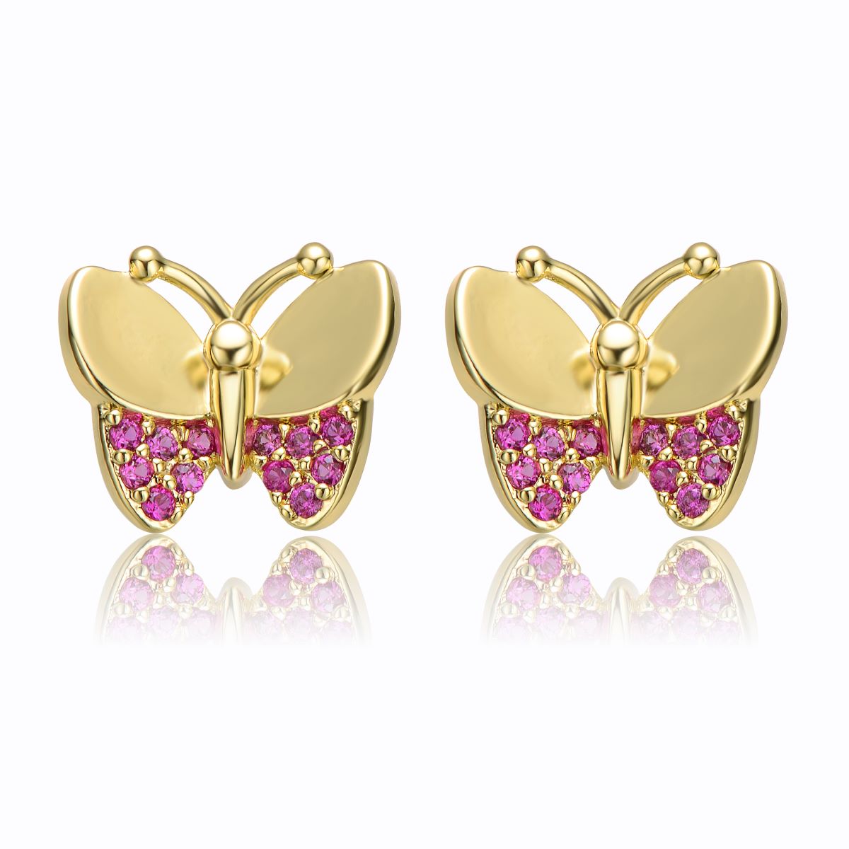 Genevive 14k Gold Plated with Ruby Cubic Zirconia Pave Butterfly Stud Earrings