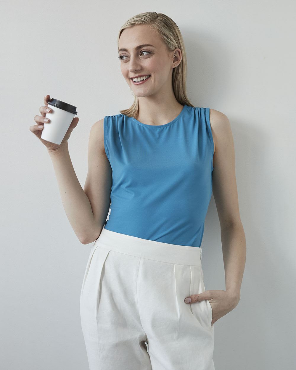 Sleeveless Draped Shoulders Crew-Neck T-Shirt