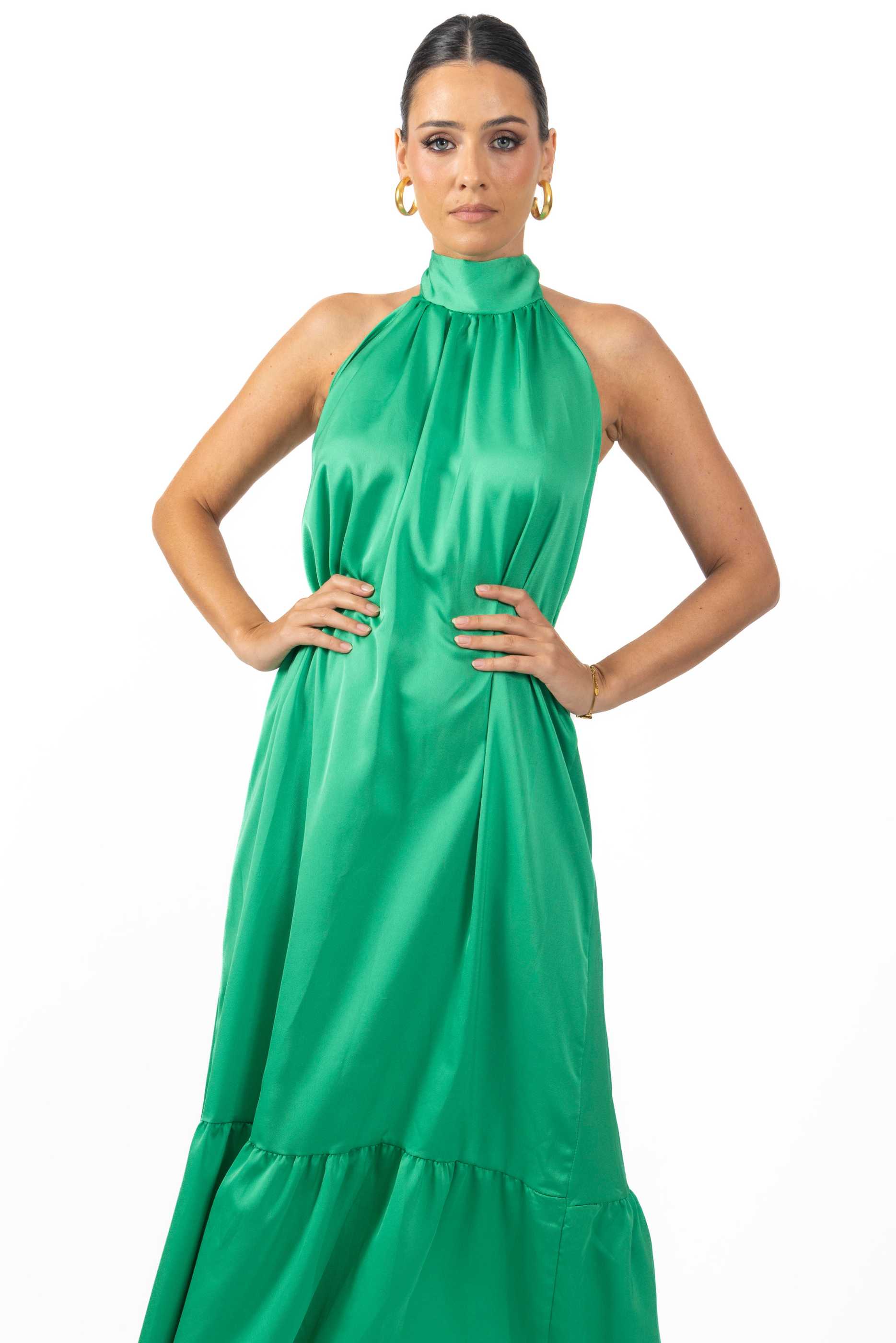 AKALIA Nalory Satin Silk Backless Maxi Dress In Green