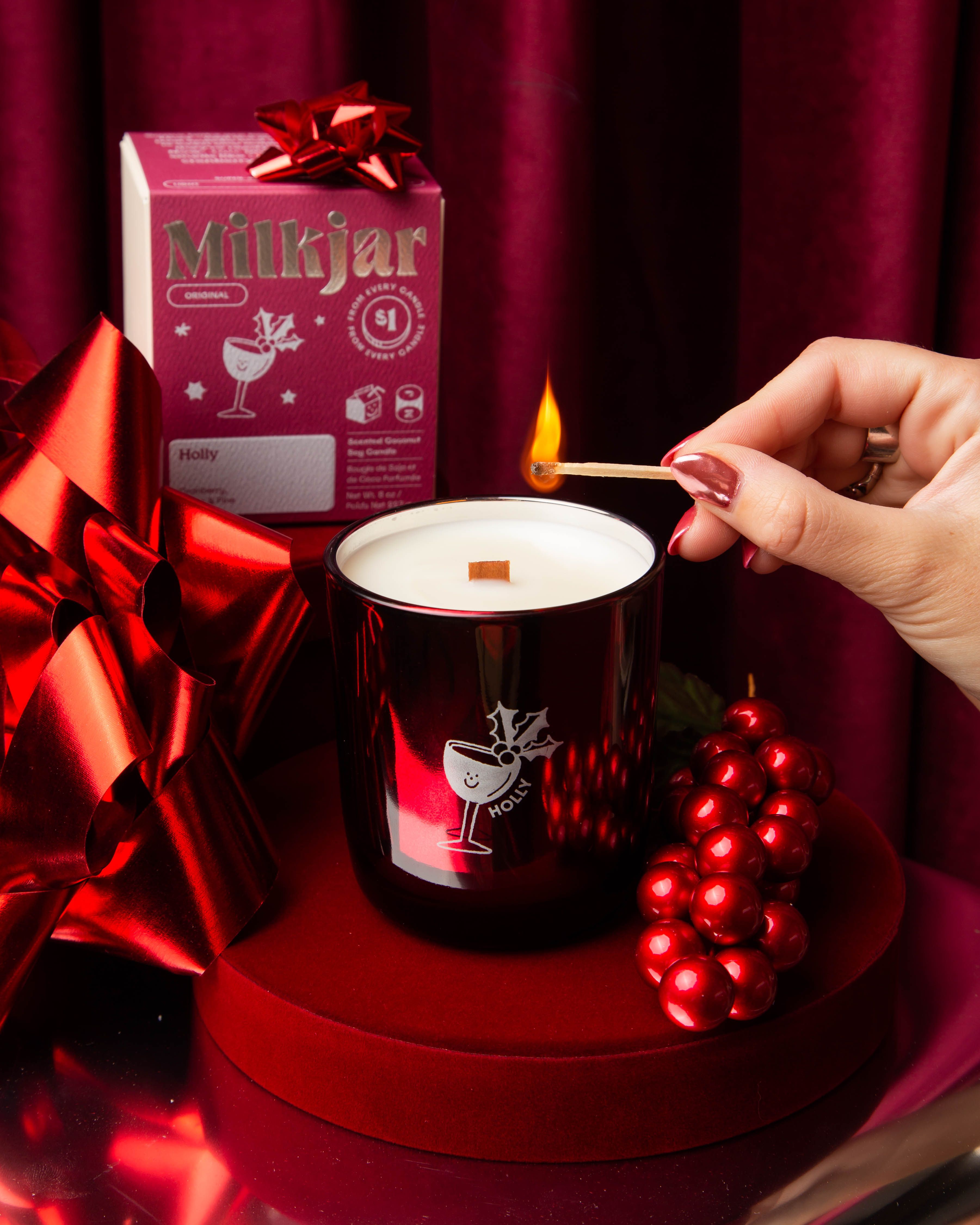 Milk Jar Holly Candle | Cranberry, Clove & Pine 8oz