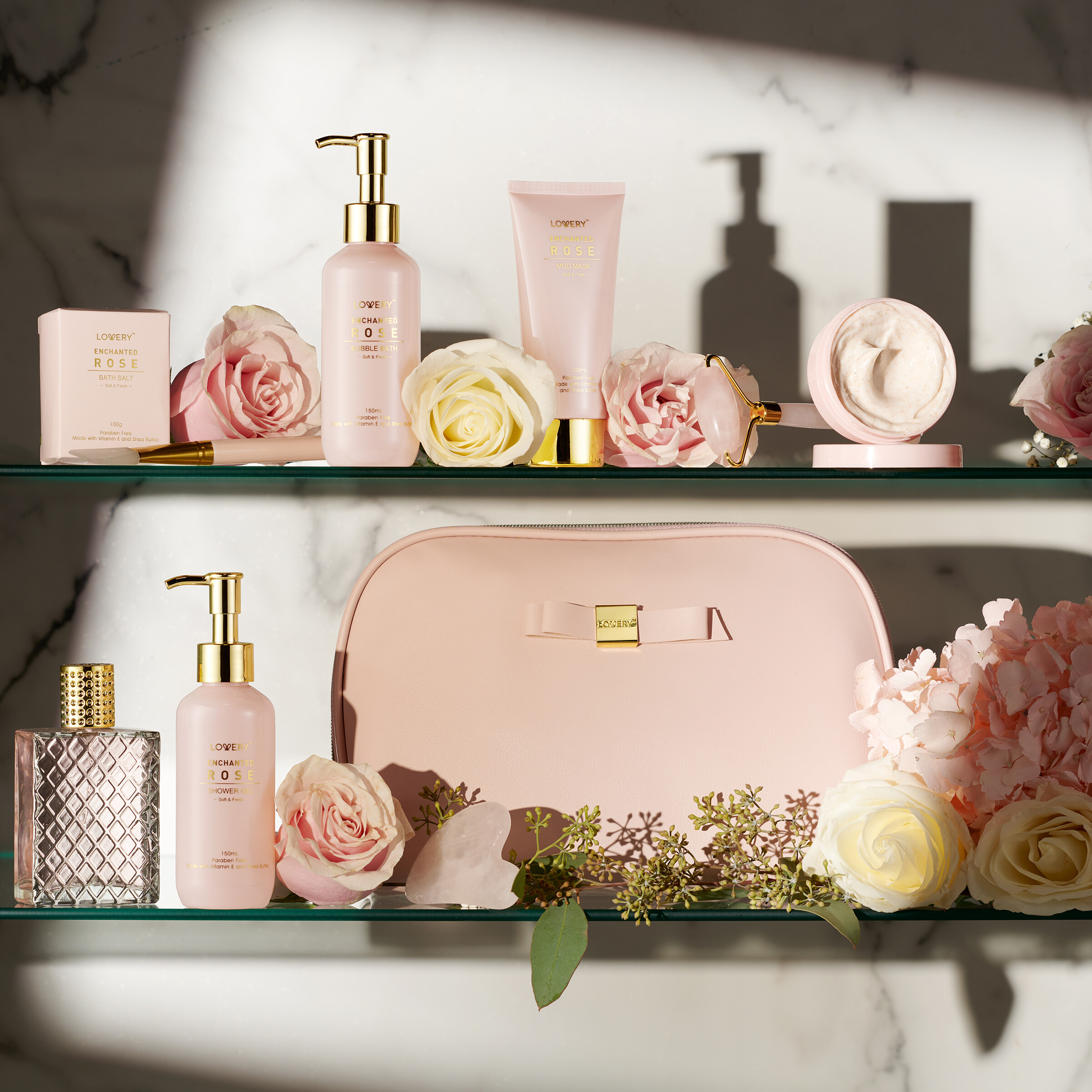 Lovery Luxury Enchanted Rose Bath & Body Beauty Kit With Leather Bag, Jade Roller & More