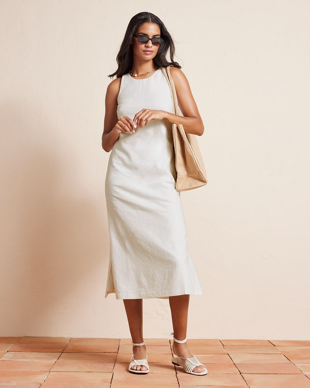 Sleeveless Crew-Neck Linen Shift Midi Dress