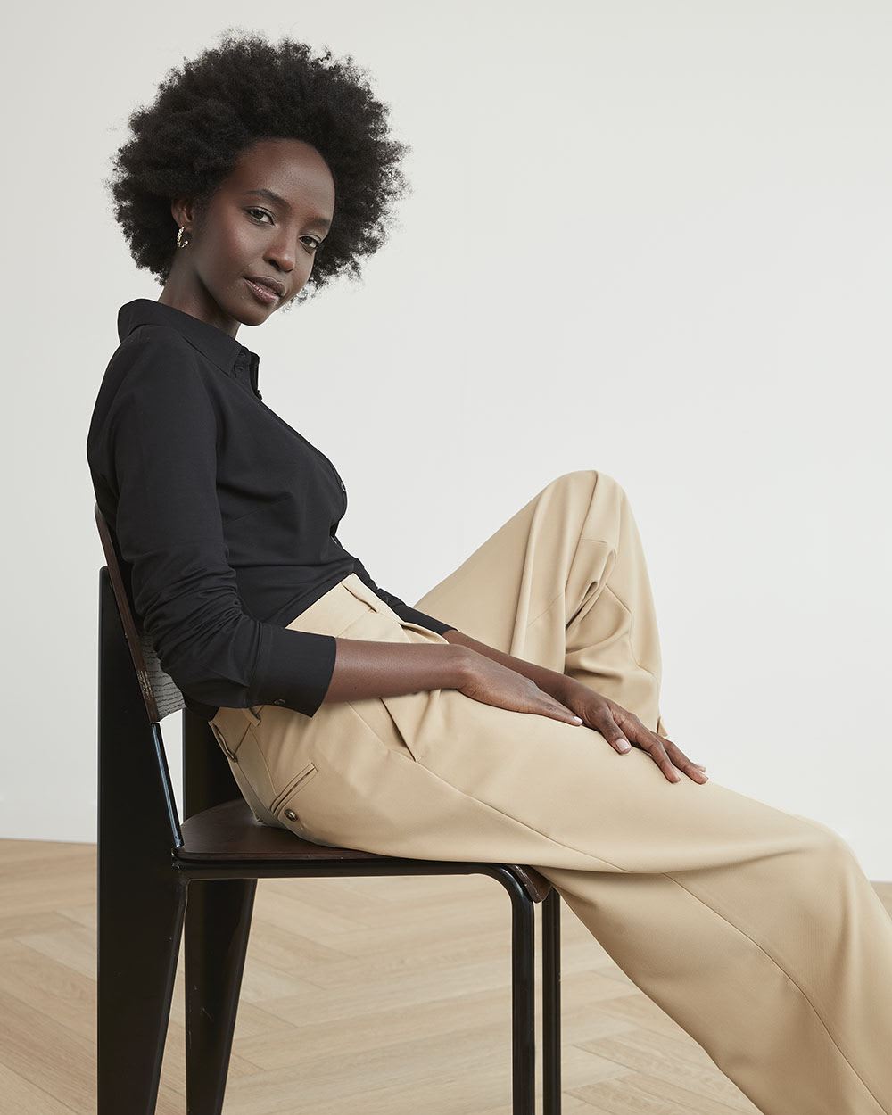 Black Long-Sleeve Buttoned-Down Piqué Top with Shirt Collar