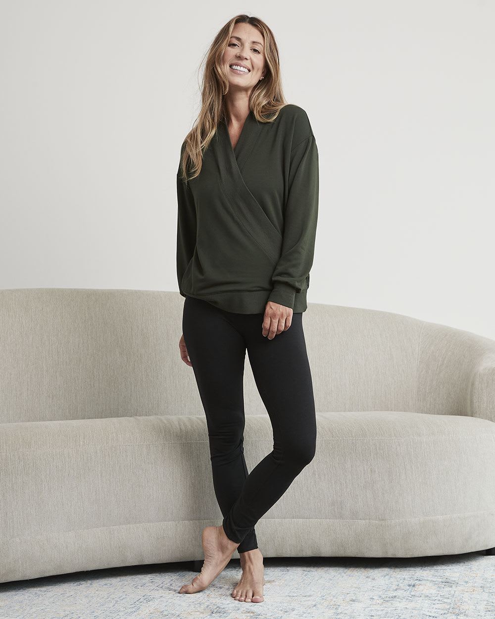 Long-Sleeve Fleece Top with Wrap V Neckline - Thyme Maternity