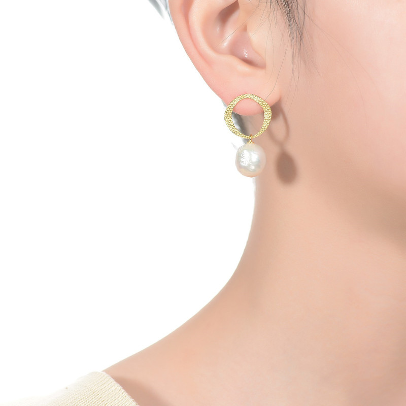 Sterling Silver 14k Yellow Gold Plated with Genuine Freshwater Button Pearl Drop Earrings