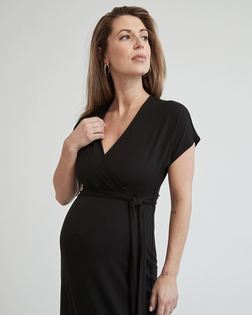 Nursing Wrap Short Sleeve Midi Dress with Sash - Thyme Maternity