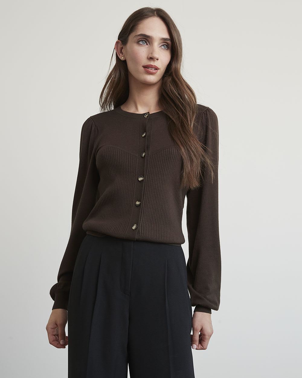 Long-Sleeve Ribbed Cardigan with Bustier Effect