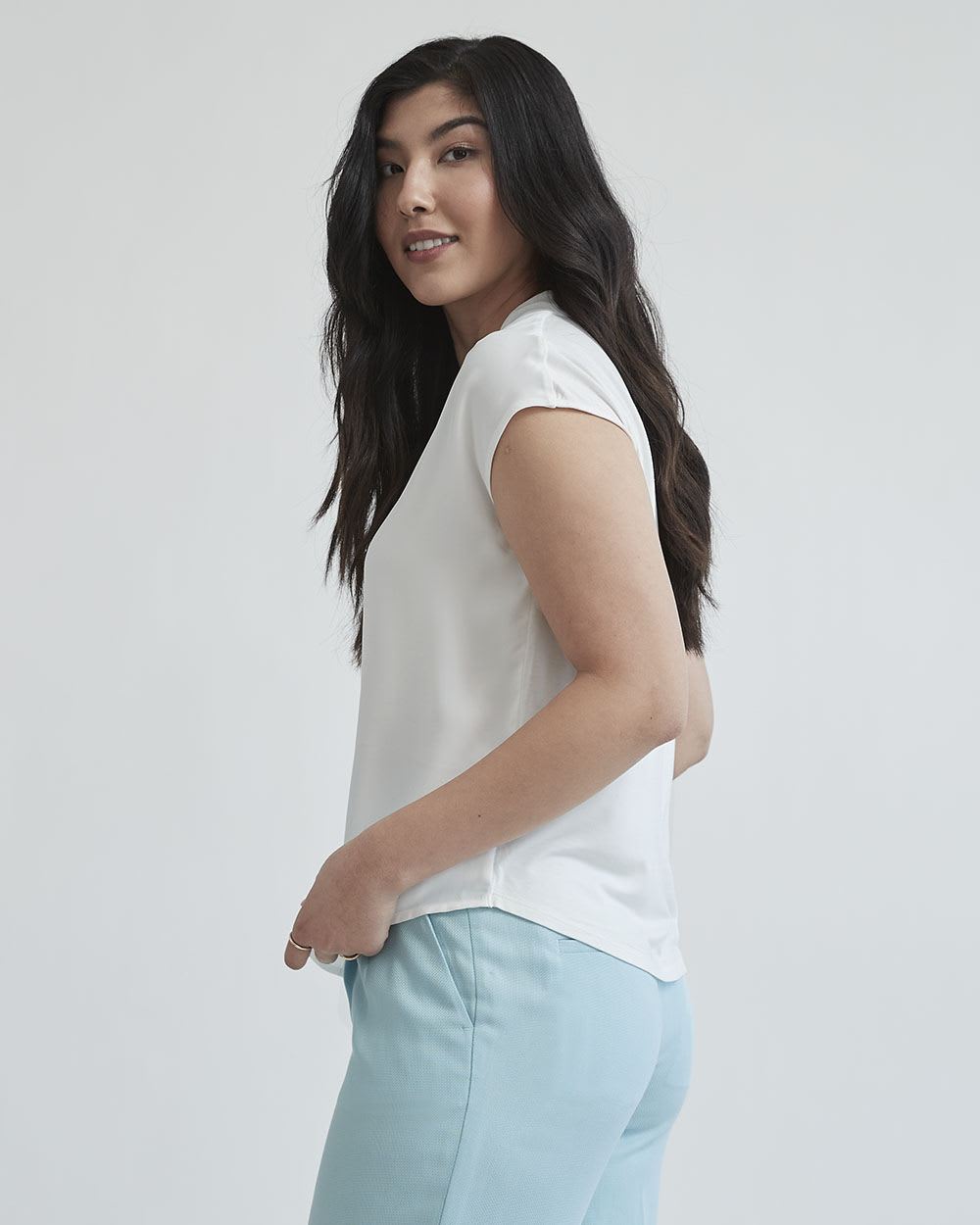 Mix-Media Extended-Sleeve V-Neck Top