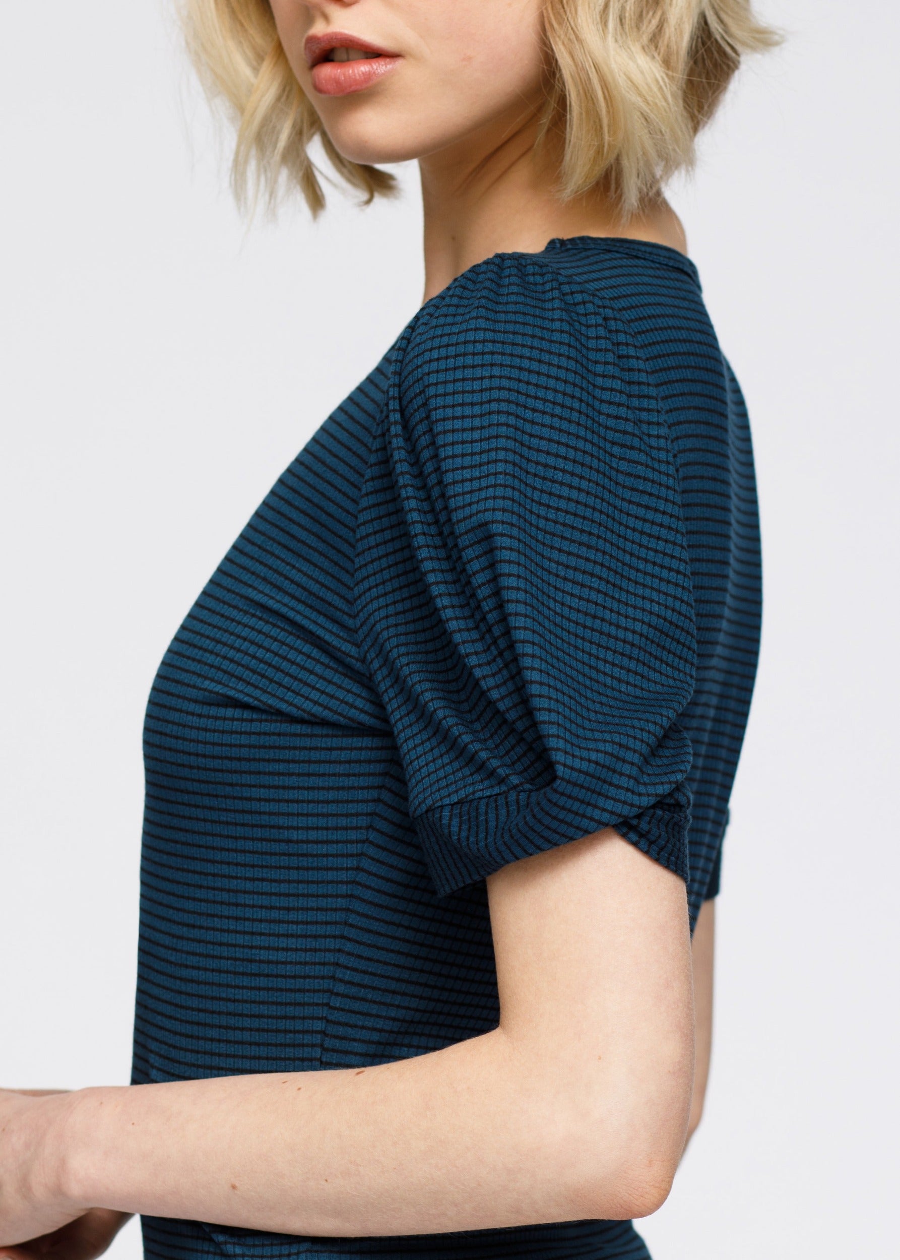 Nurode Gathered Short Sleeve Striped Knit Top