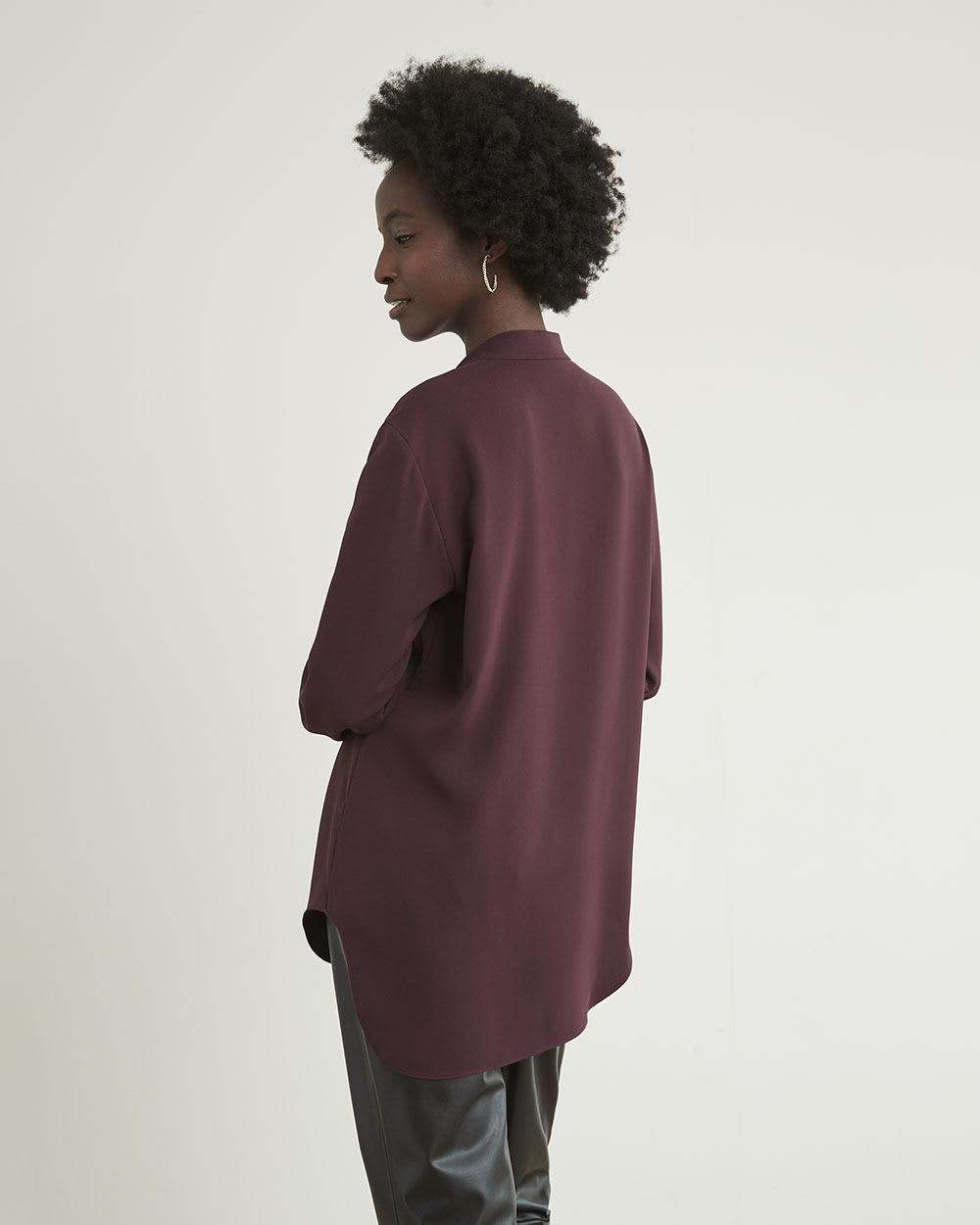 Long-Sleeve Fluid Twill Tunic with V Neckline