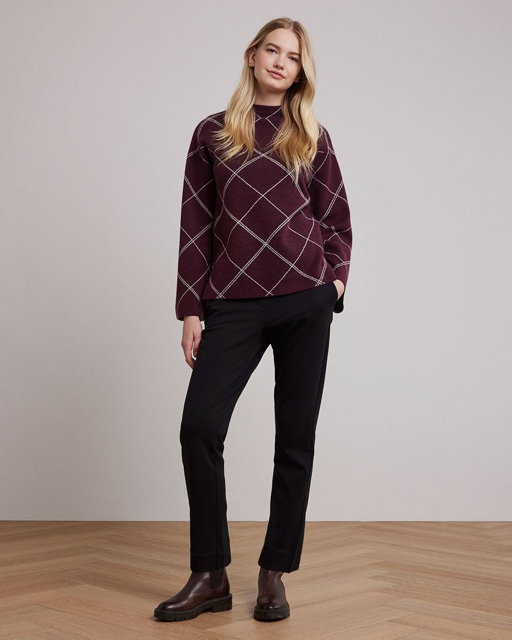 Long Mock-Neck Plaid Sweater with Long Bell Sleeves