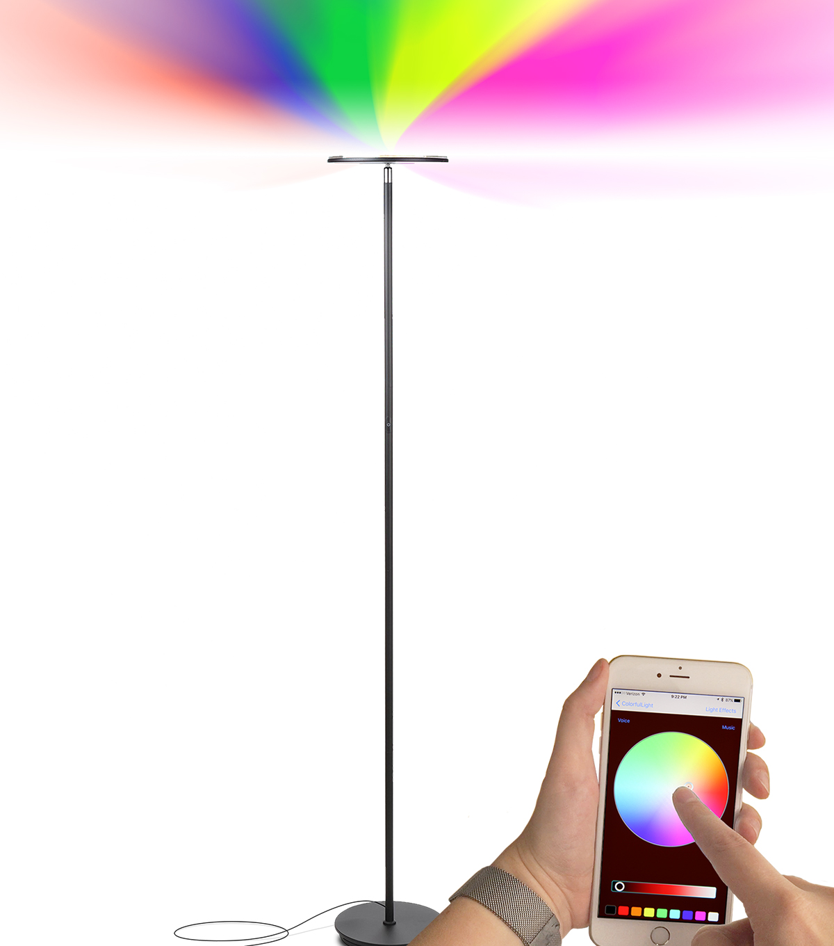 Sky Color Changing Led Torchiere Floor Lamp With Adjustable Head And Cellular Remote Control