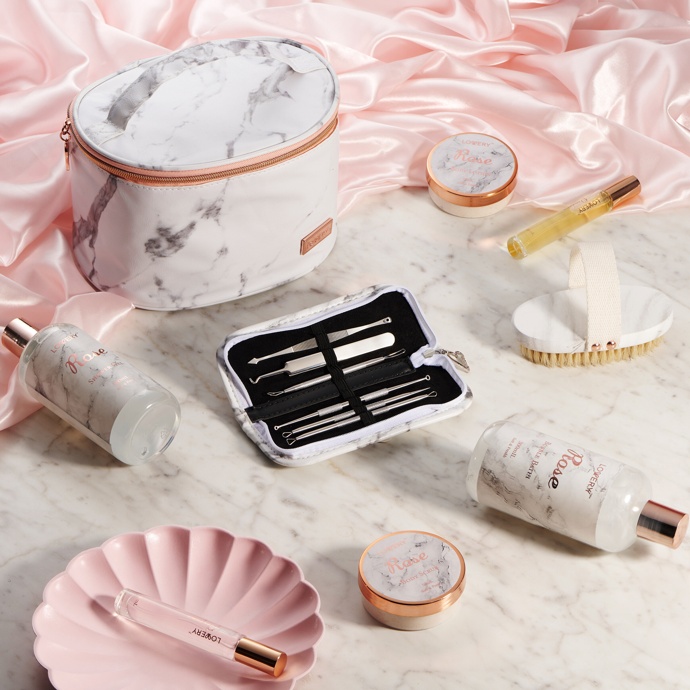 Lovery Luxe 16pc Bath And Body Set With Cosmetic Bag, Perfumes And More, Rose Spa Kit