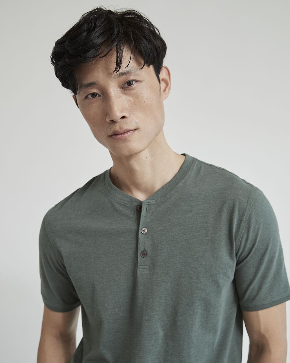 Solid Short-Sleeve Tee with Henley Neckline