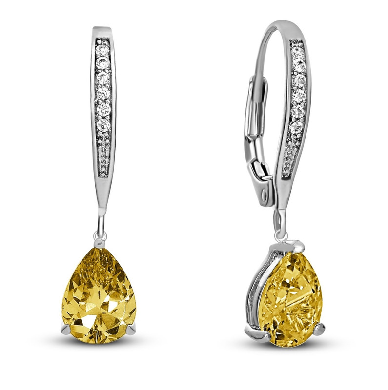 Sterling Silver White Gold Plating with Colored Cubic Zirconia Teardrop Earrings