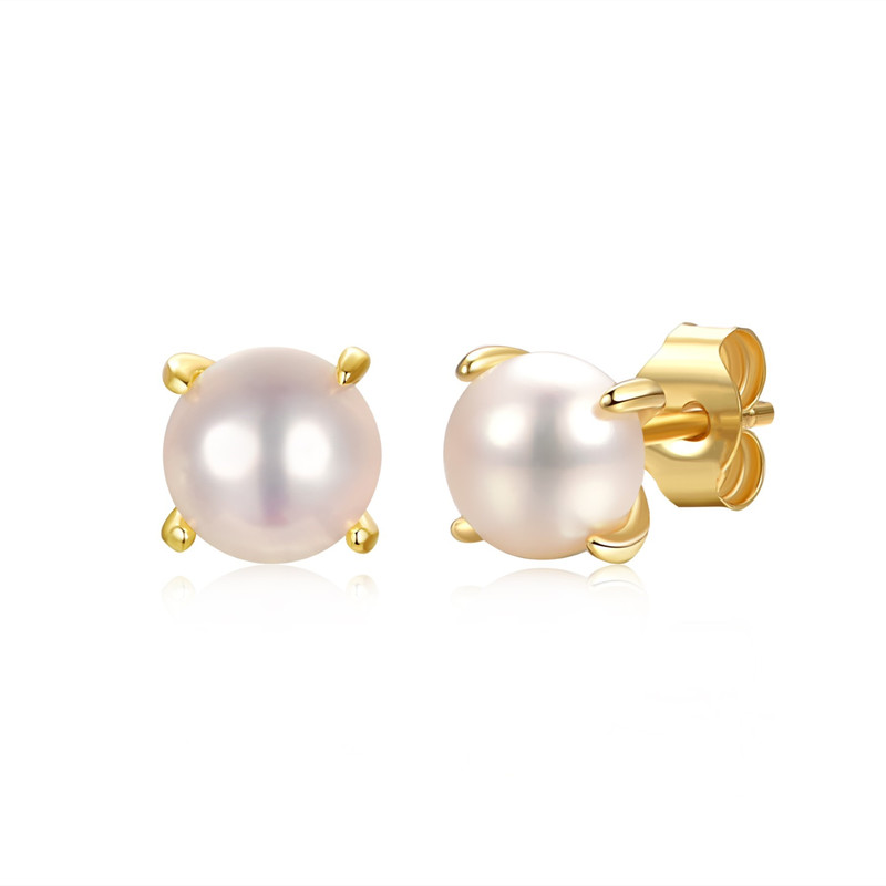 Sterling Silver 14k Yellow Gold Plating with 5mm Round White Genuine Pearl Solitaire Stud Earrings