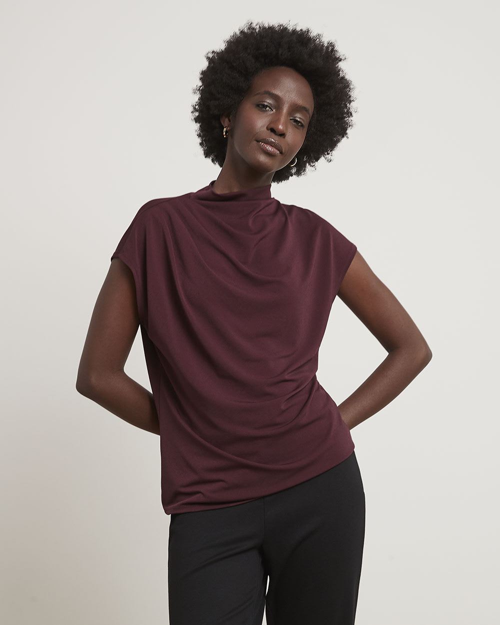 Cap-Sleeve Crepe Tee with Pleated Mock Neckline