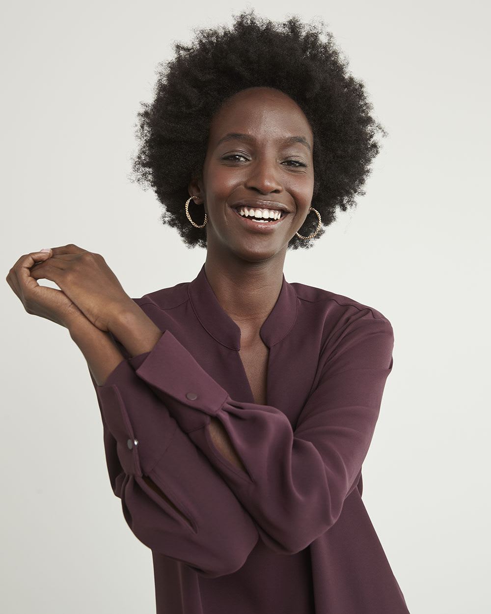 Long-Sleeve Fluid Twill Tunic with V Neckline