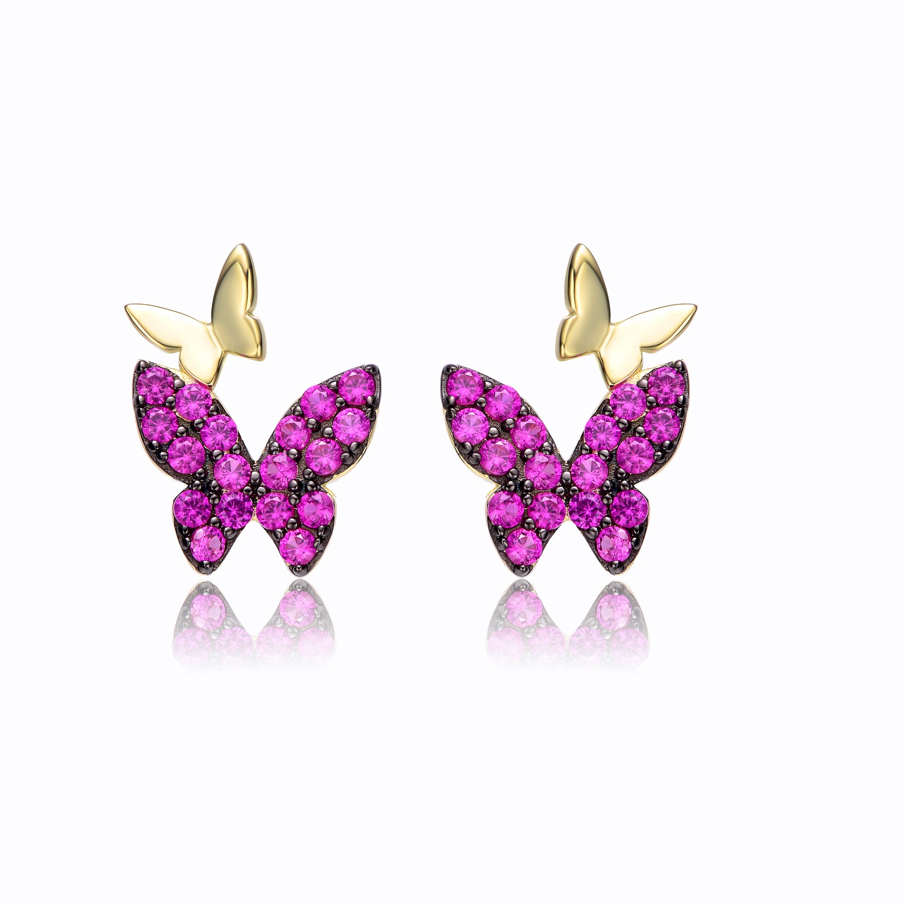 GV Sterling Silver 14k Yellow Gold Plated with Ruby Cubic Zirconia Double Butterfly Drop Earrings