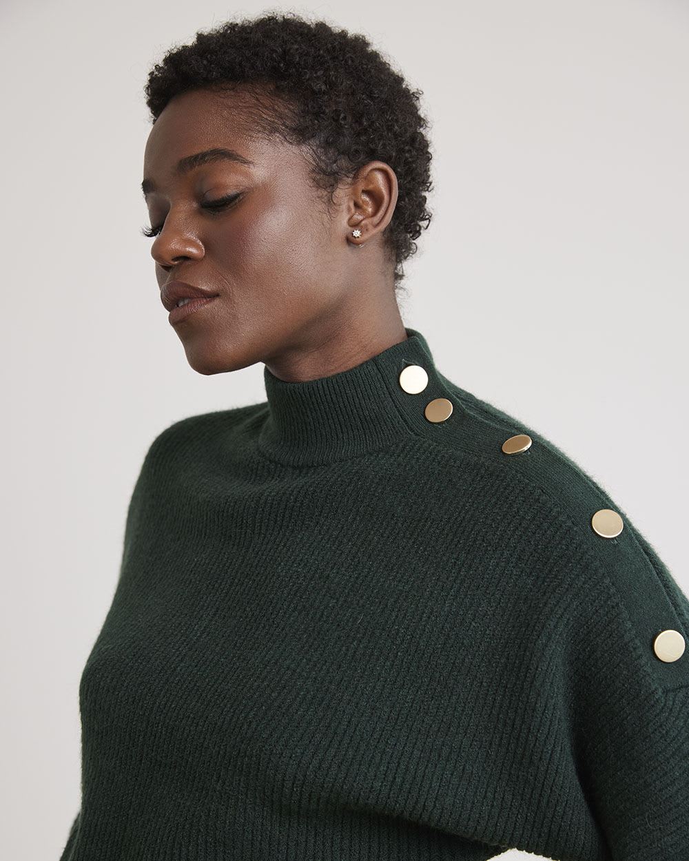 Long-Sleeve Mock-Neck Sweater with Buttons at Shoulder