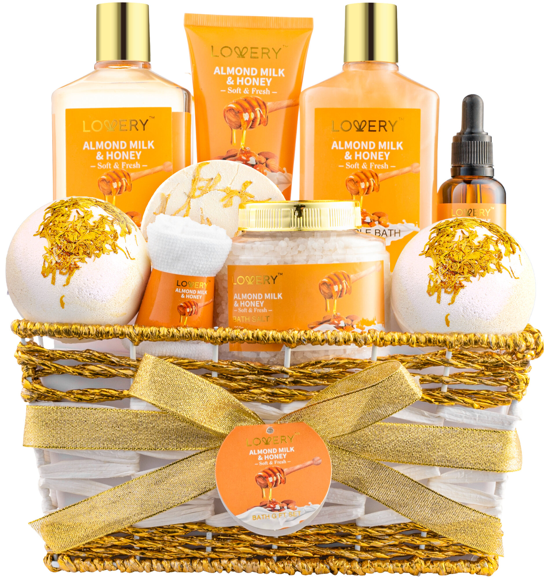 Lovery Gift Basket For Women – 10 Pc Almond Milk & Honey - Self Care Kit