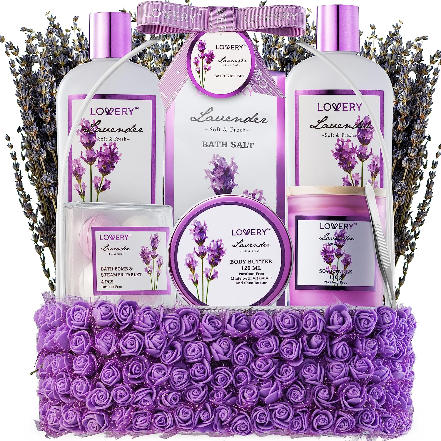 Lovery Lavender Body Care Gift Set, Handmade Self Care Kit, 15 Piece