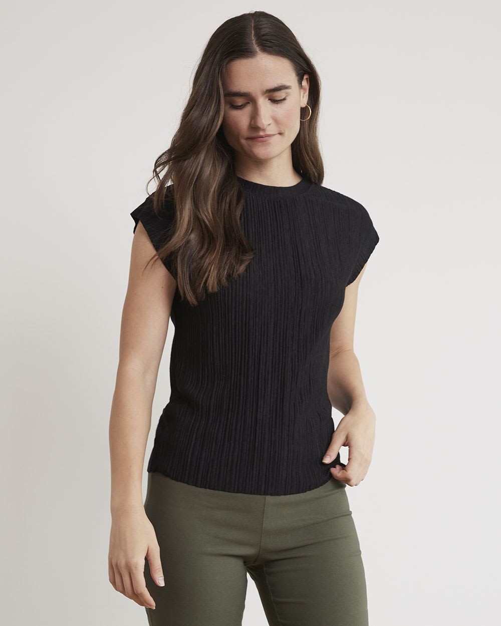 Crinkle Crew-Neck Cap Sleeve T-Shirt