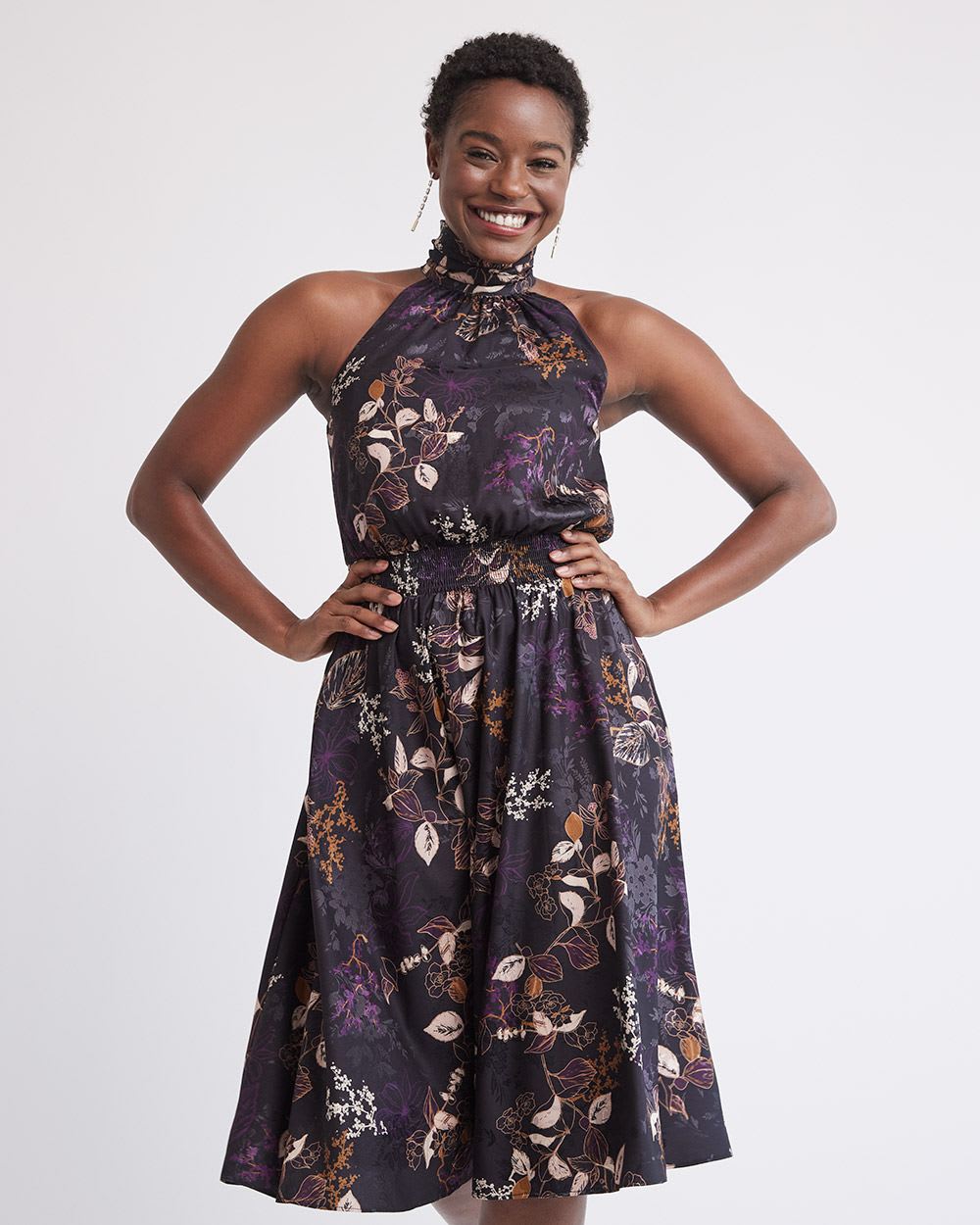 Sleeveless Midi Cocktail Dress with Halter Neckline