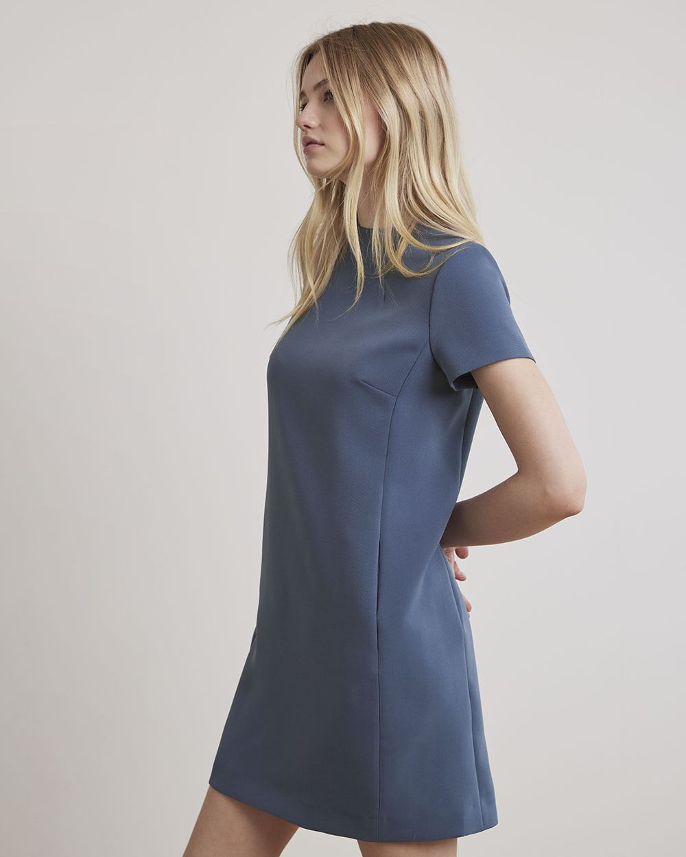 Short-Sleeve Straight Dress with Mock Neckline