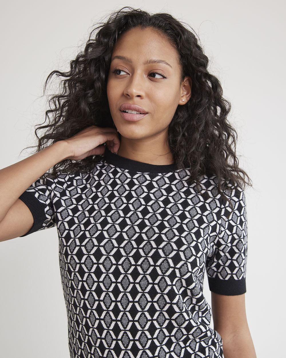 3/4-Sleeve Crew-Neck Jacquard Sweater