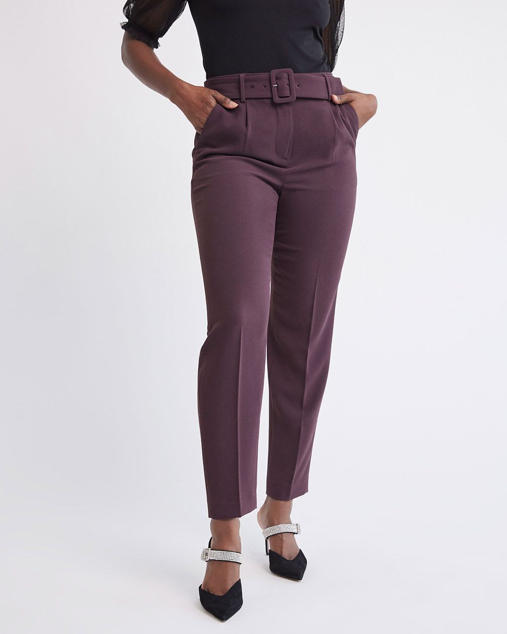 High-Rise Tapered Ankle Leg Crepe Pant With Belt