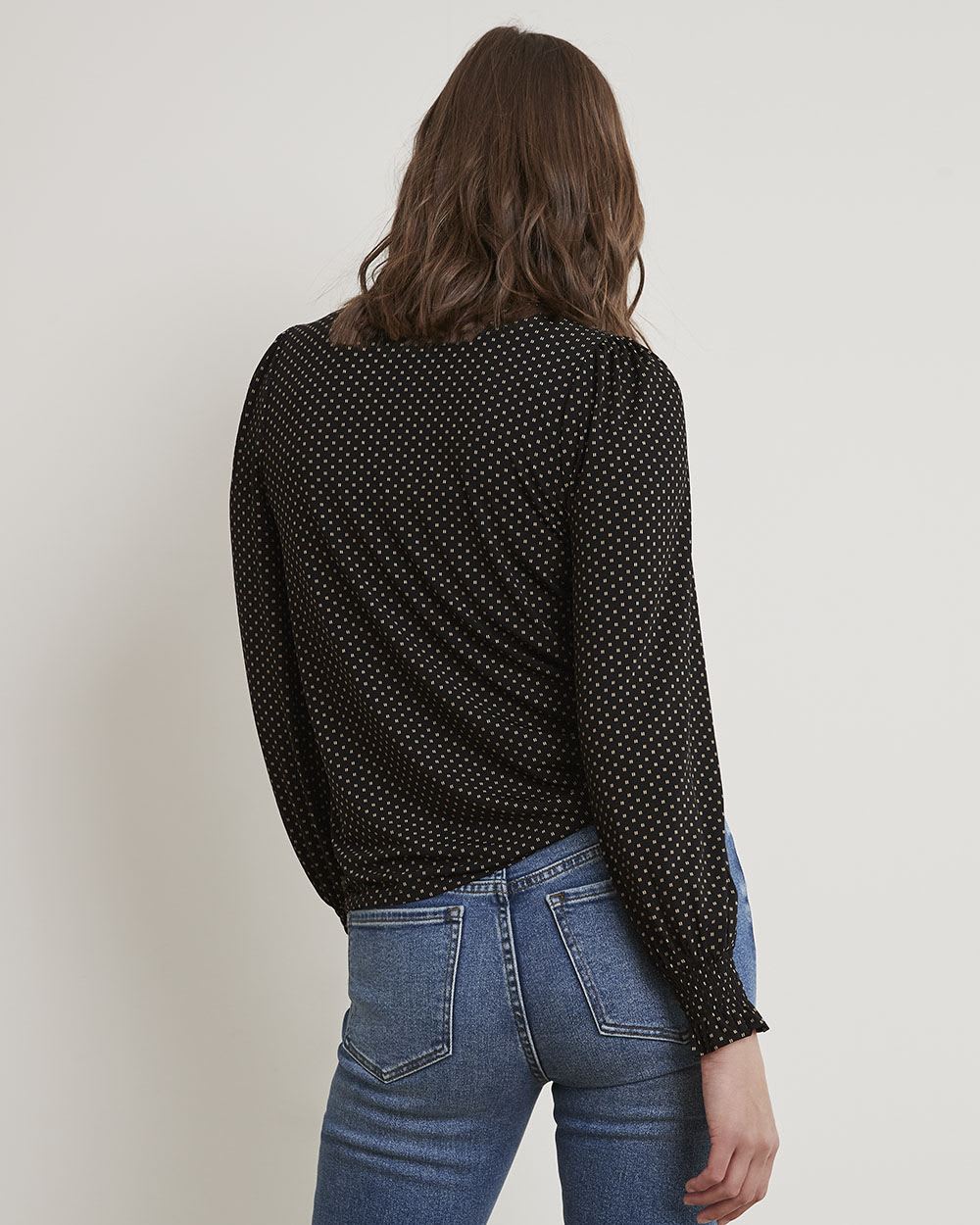 Printed Mock-Neck T-Shirt with Long Puffy Sleeves