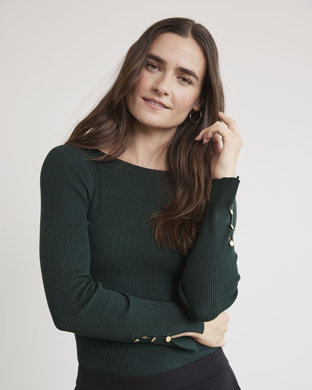 Long-Sleeve Fitted Sweater with Boat Neckline