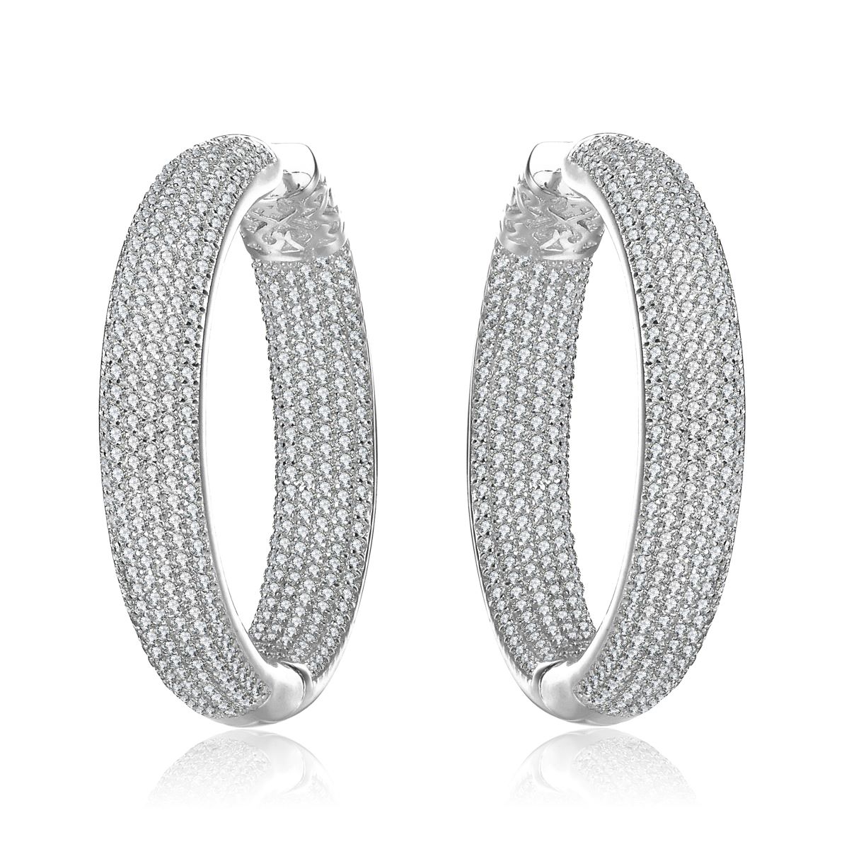 Genevive Sterling Silver white or 14k Yellow Gold Plated with Cubic Zirconia 10-Row French Pave Inside Out Large Tubular Hoop Earrings