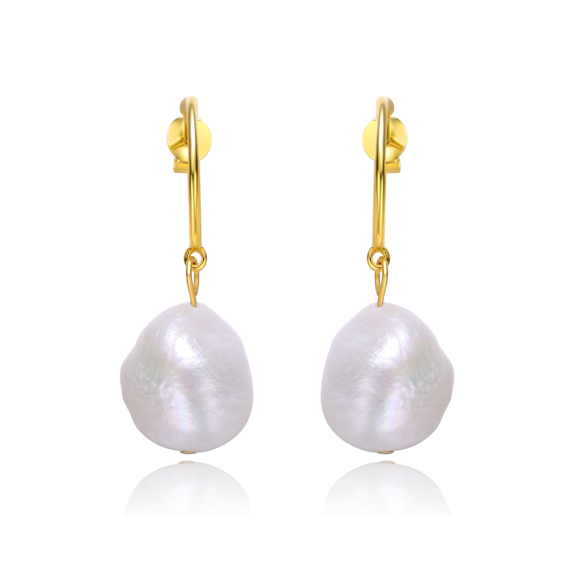 Sterling Silver 14k Yellow Gold Plated with Baroque Oval White Pearl Dangle Drop C-Hoop Earrings