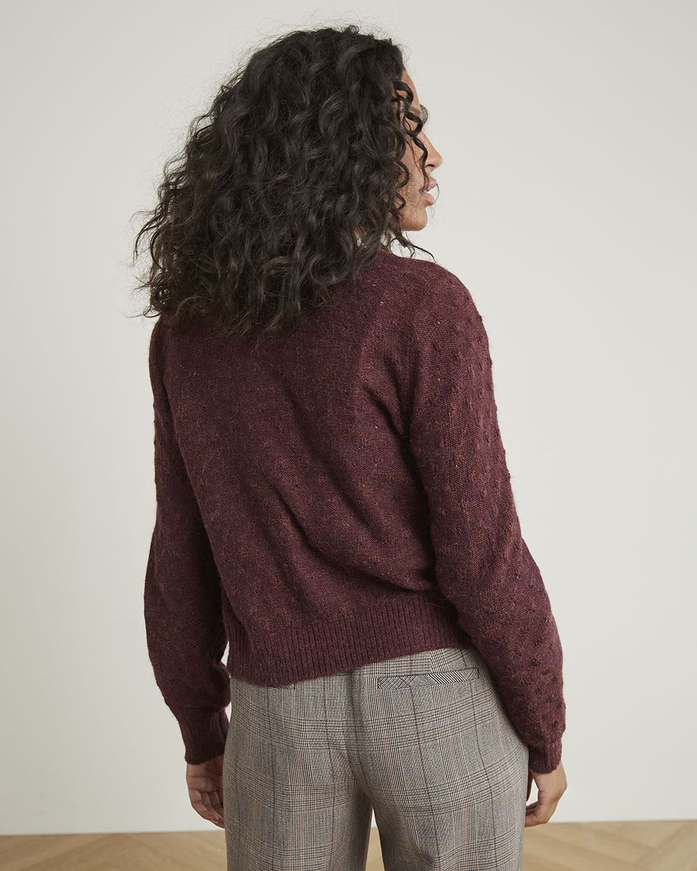 Long-Sleeve Crew-Neck Cardigan with Fancy Stitches