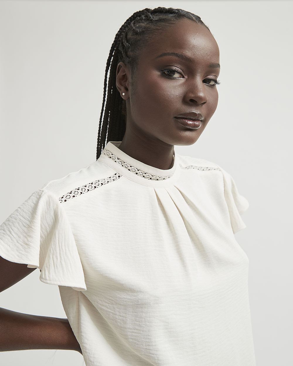 Short-Ruffled-Sleeve Blouse with Lace Details