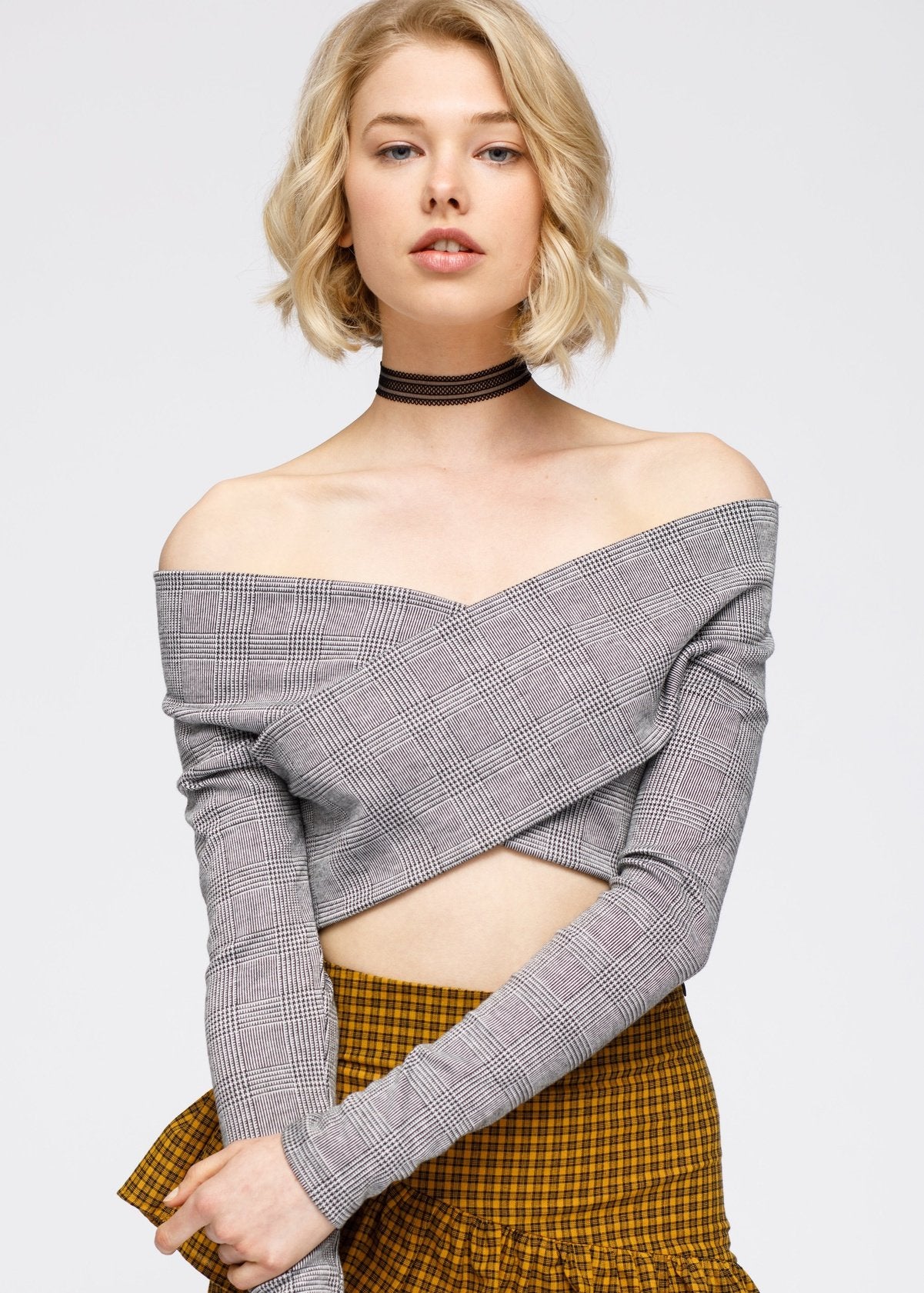 Nurode Off Shoulder Glen Plaid Criss Cross Crop Top