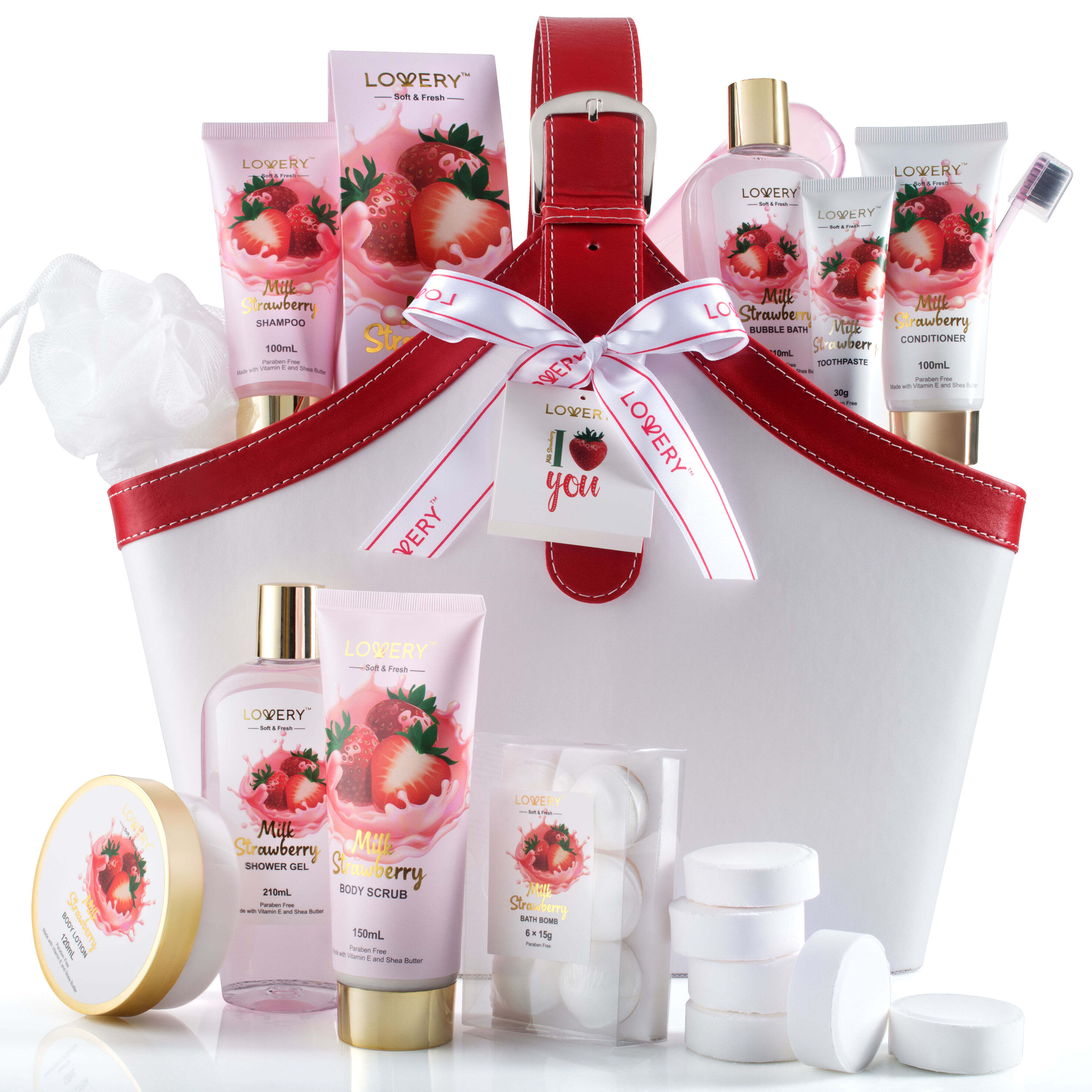 Lovery Home Spa Kit Gift Set – Strawberry Milk Scented Bath Set - 25pcs - In A Leather Tote Bag