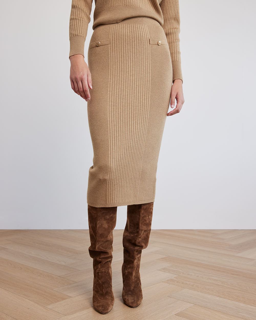 Knitted Pencil Midi Skirt with Decorative Pockets