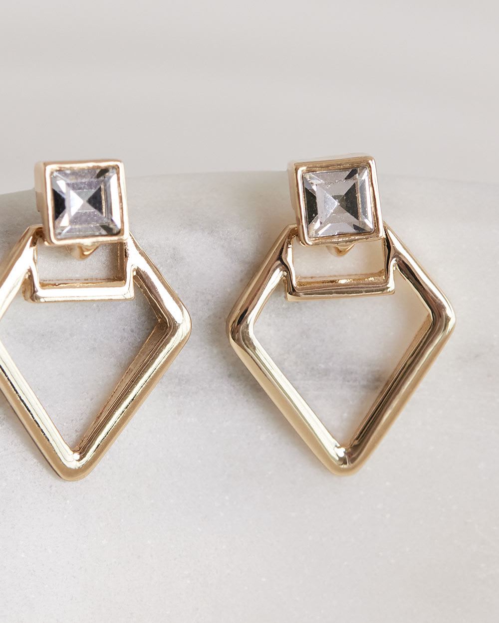 Diamond-Shaped Golden Earrings with Glass Stones