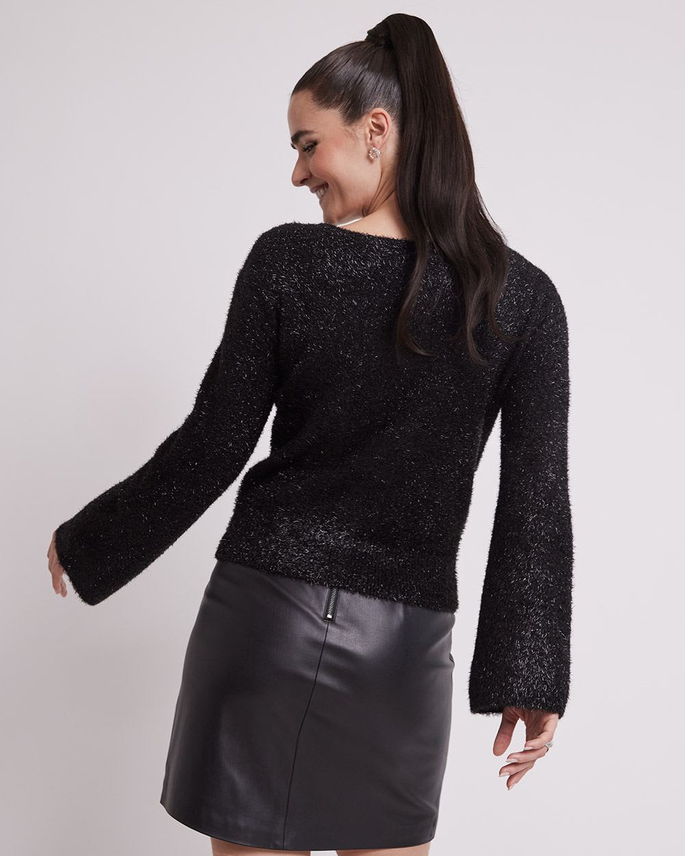 Mock-Neck Feather-Yarn Sweater with Long Bell Sleeves