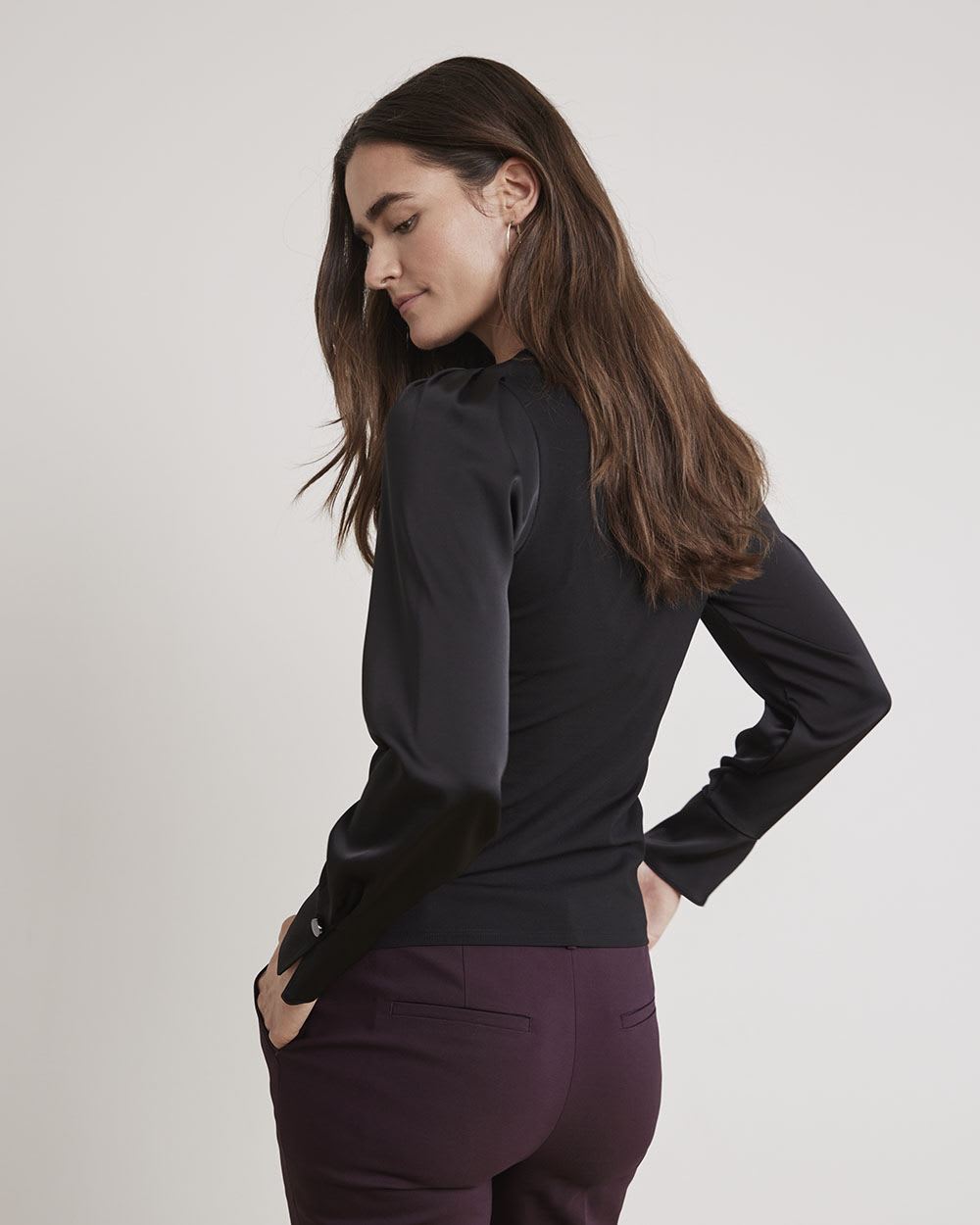 Mix-Media Crew-Neck T-Shirt with Long Puffy Sleeves