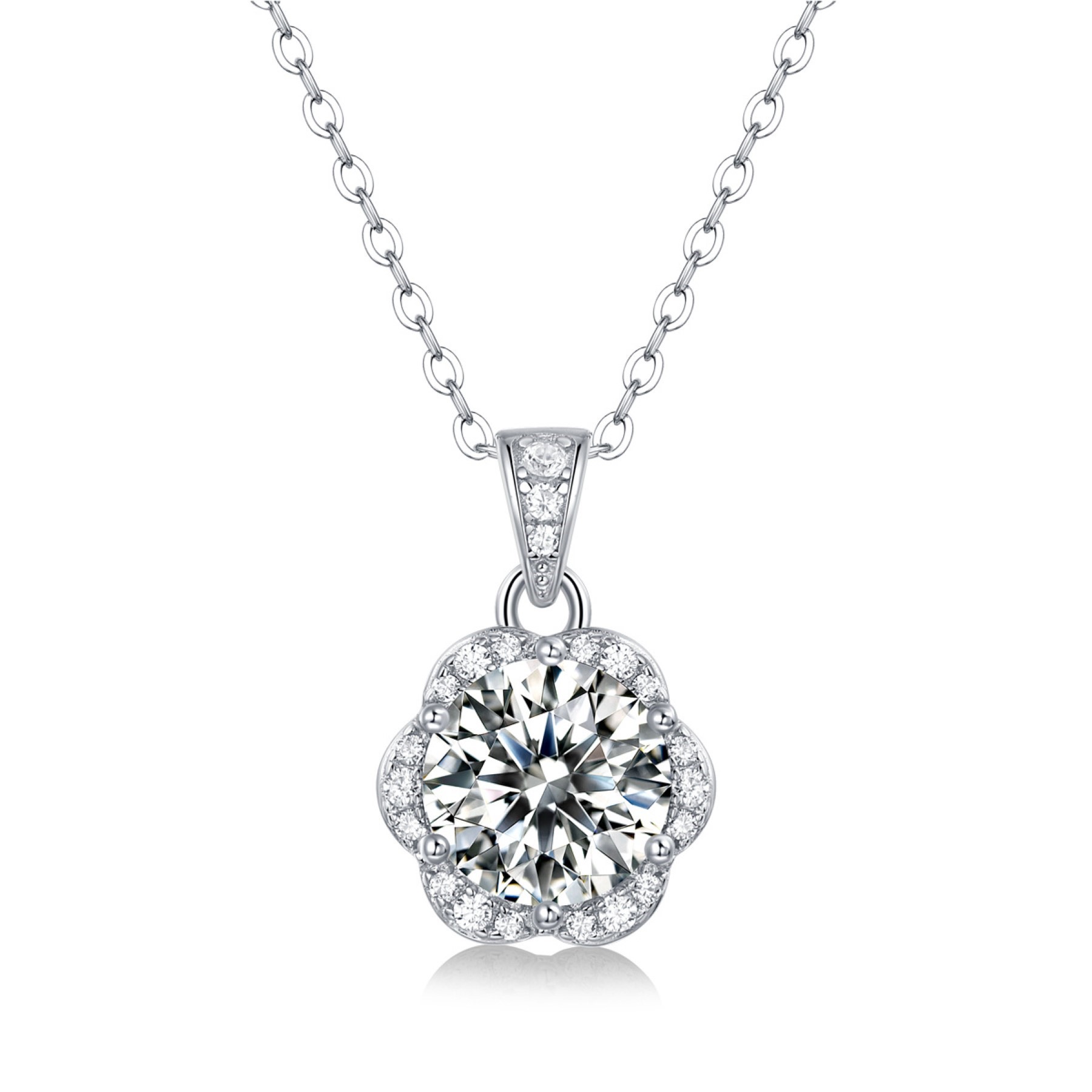 SV Sterling Silver with 2ctw Lab Created Moissanite Cluster Lace Halo Flower Pendant Necklace