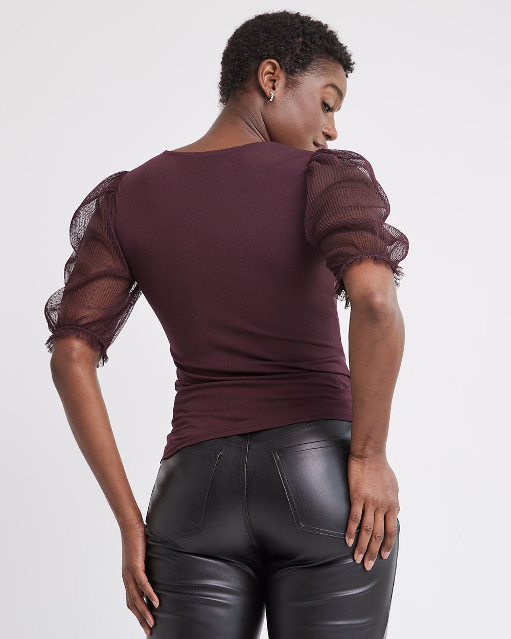 V-Neck Top with Sheer Puffy Sleeves