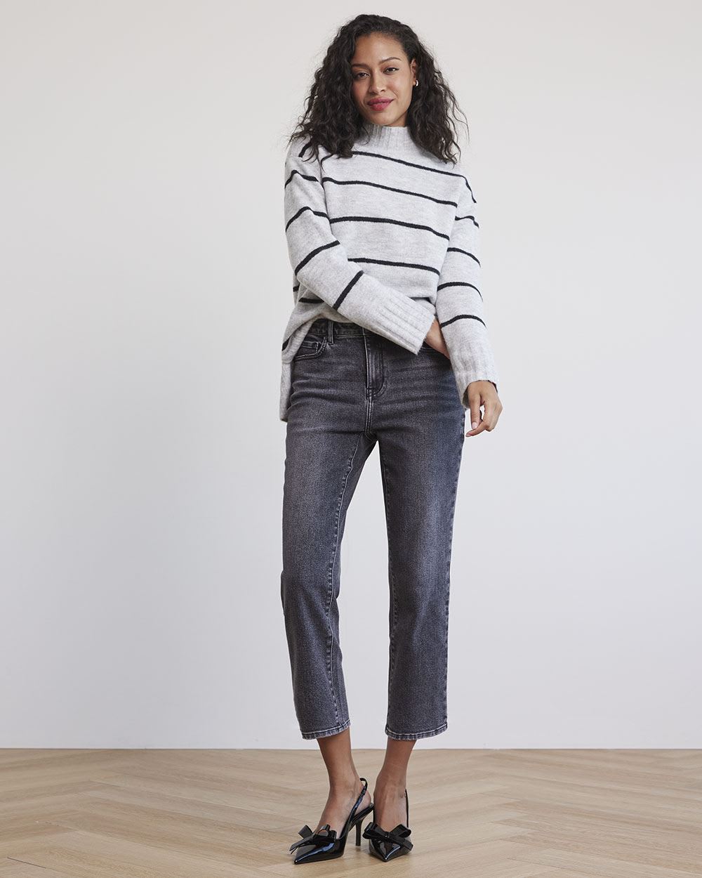 Relaxed-Fit Long-Sleeve Mock-Neck Striped Sweater